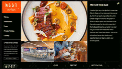 Restaurant website page featuring a plated Tenderling gourmet dish, two smaller images of the dining area and people eating, and a text section about the restaurant on a dark background.