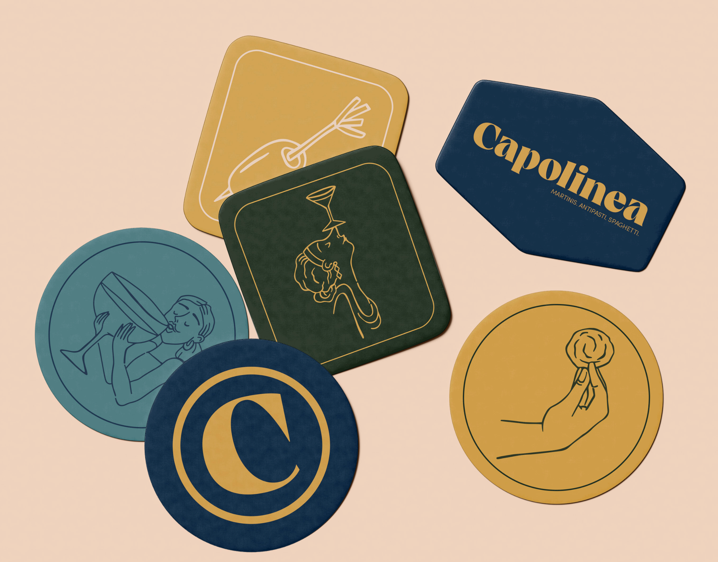 Six colorful coasters are displayed, featuring minimalist illustrations of hands, a woman enjoying a beverage, and a logo reading "Capolinea" alongside abstract and letter 'C' designs.