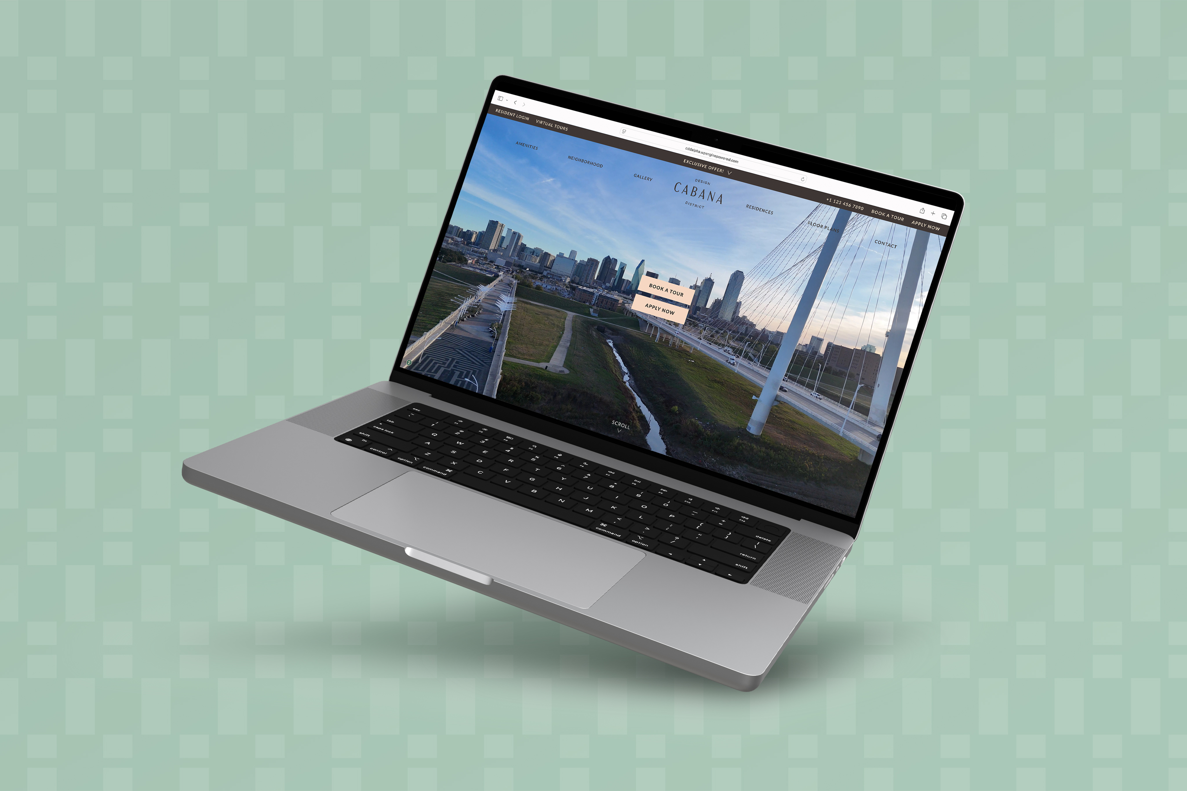 A laptop displays a turnkey website with a cityscape and bridge image on its screen, shown against a green patterned background.