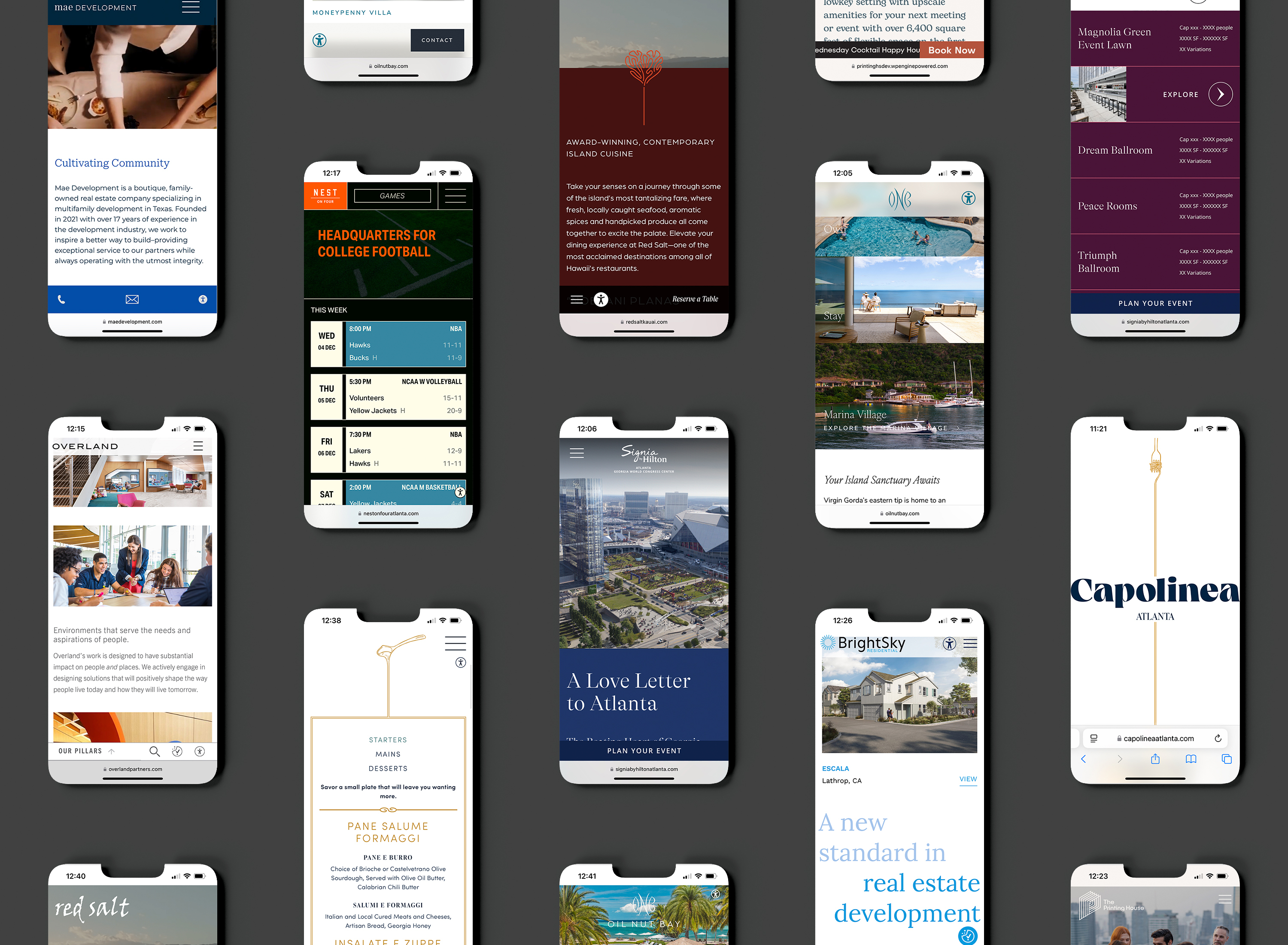 A grid of smartphone screens displays various turnkey website designs and layouts, all arranged on a dark background.