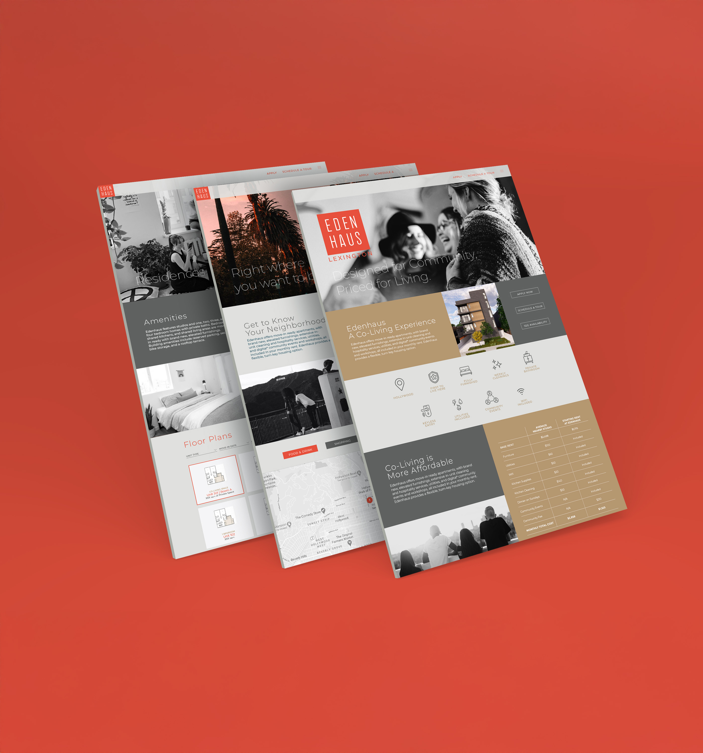 Three real estate website mockup pages with images, text, and icons displayed on a red background, showcasing turnkey listings and amenities for a property called Eden Haus.