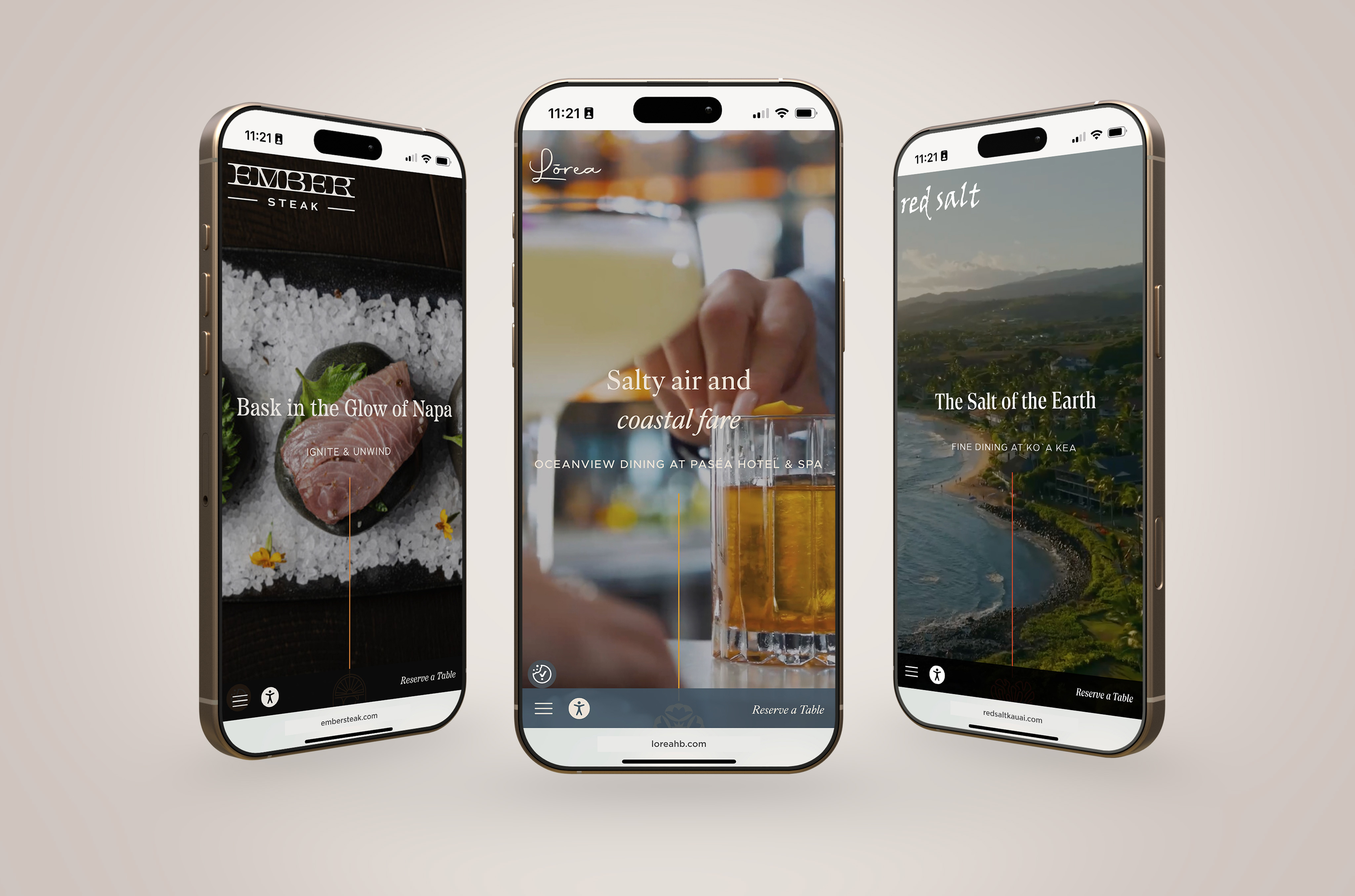 Three smartphones display different restaurant-themed mobile app screens featuring steak, a glass of beer, and a coastal landscape, each with corresponding text and Tenderling branding for a turnkey digital dining experience.