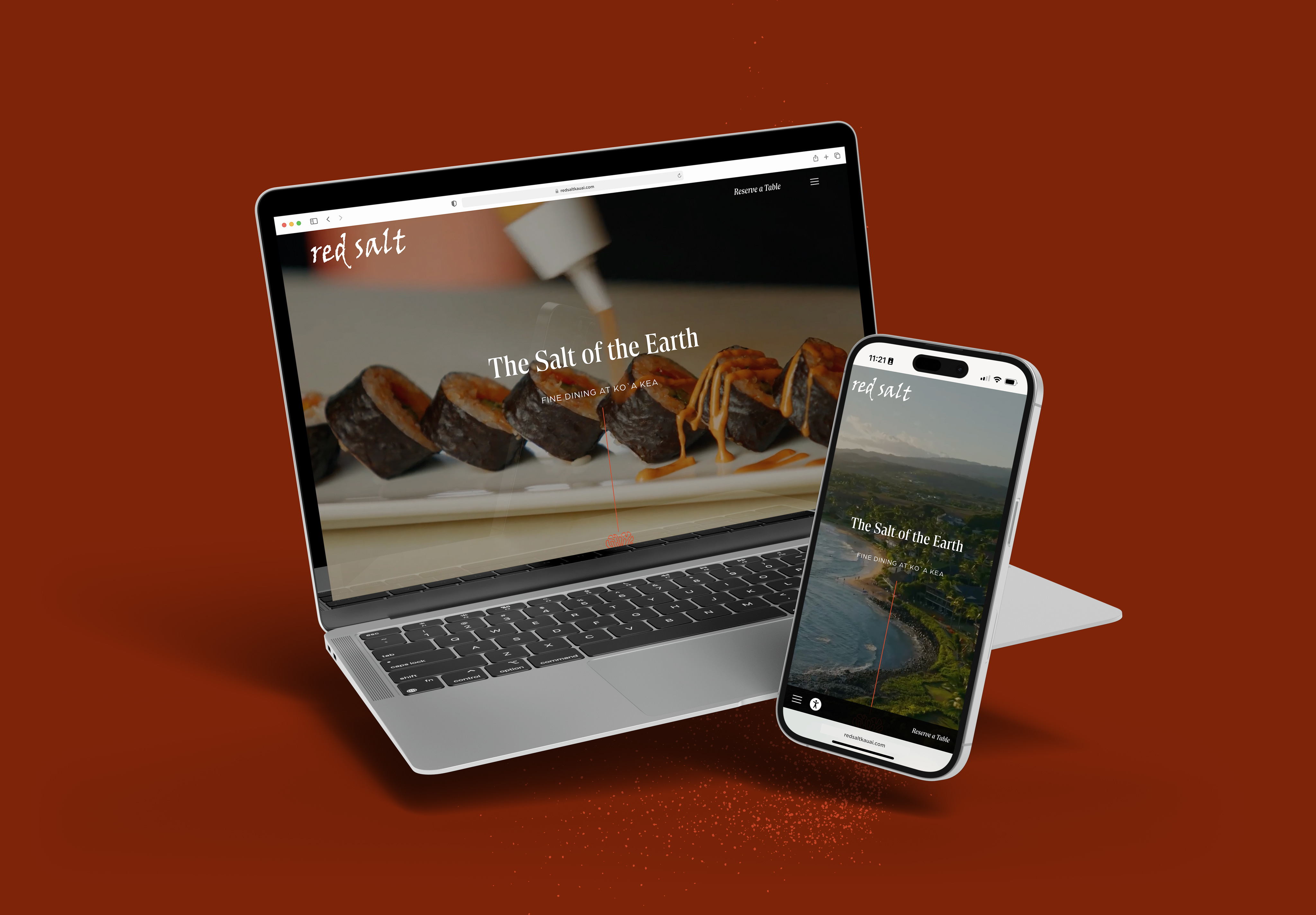 A laptop and smartphone display the "Red Salt" website, with the laptop showing a plated Tenderling dish and the phone featuring a coastal landscape, both set against a solid brown background for this turnkey presentation.