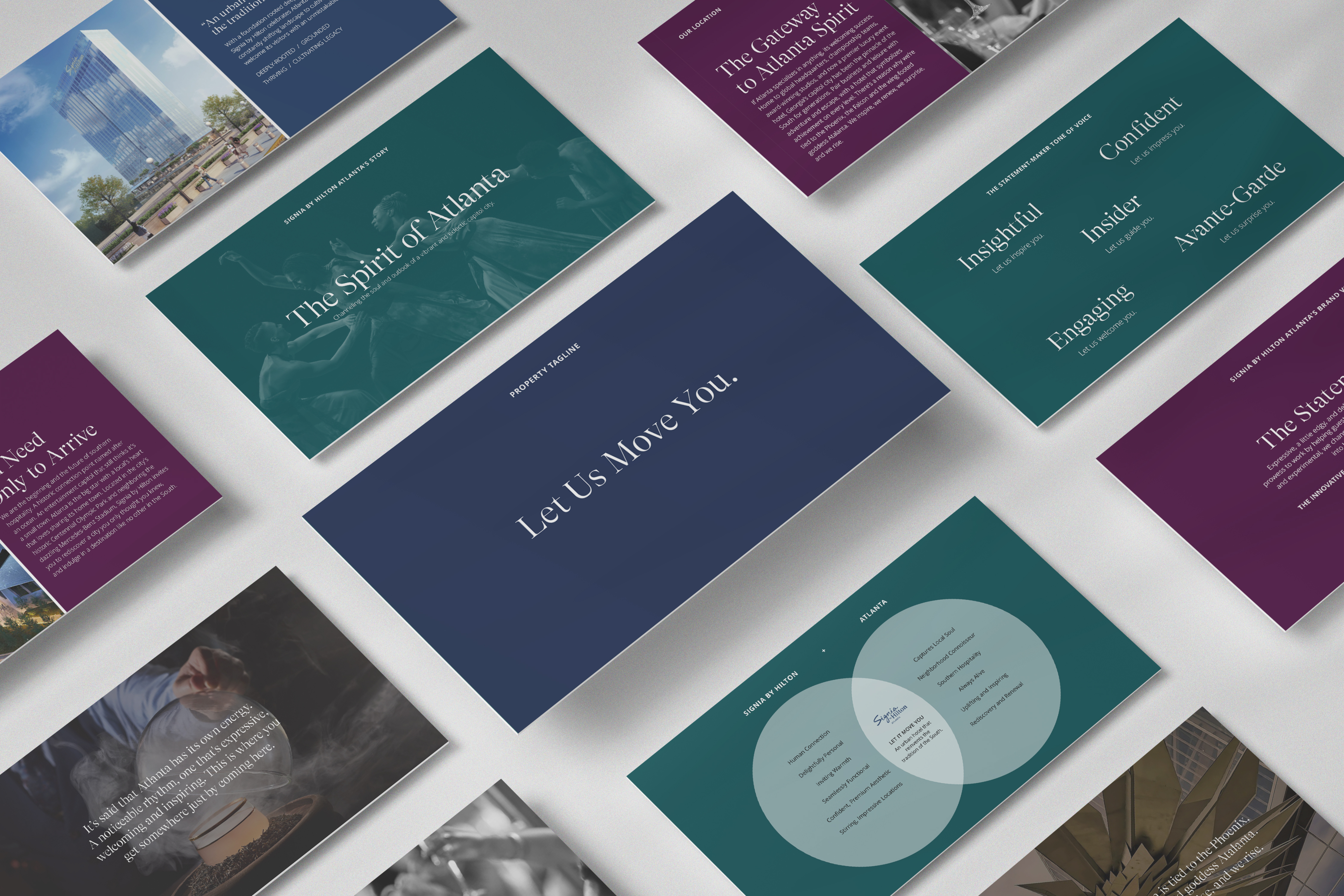 Several rectangular marketing slides are arranged on a flat surface, displaying text and images with blue, maroon, and teal backgrounds.