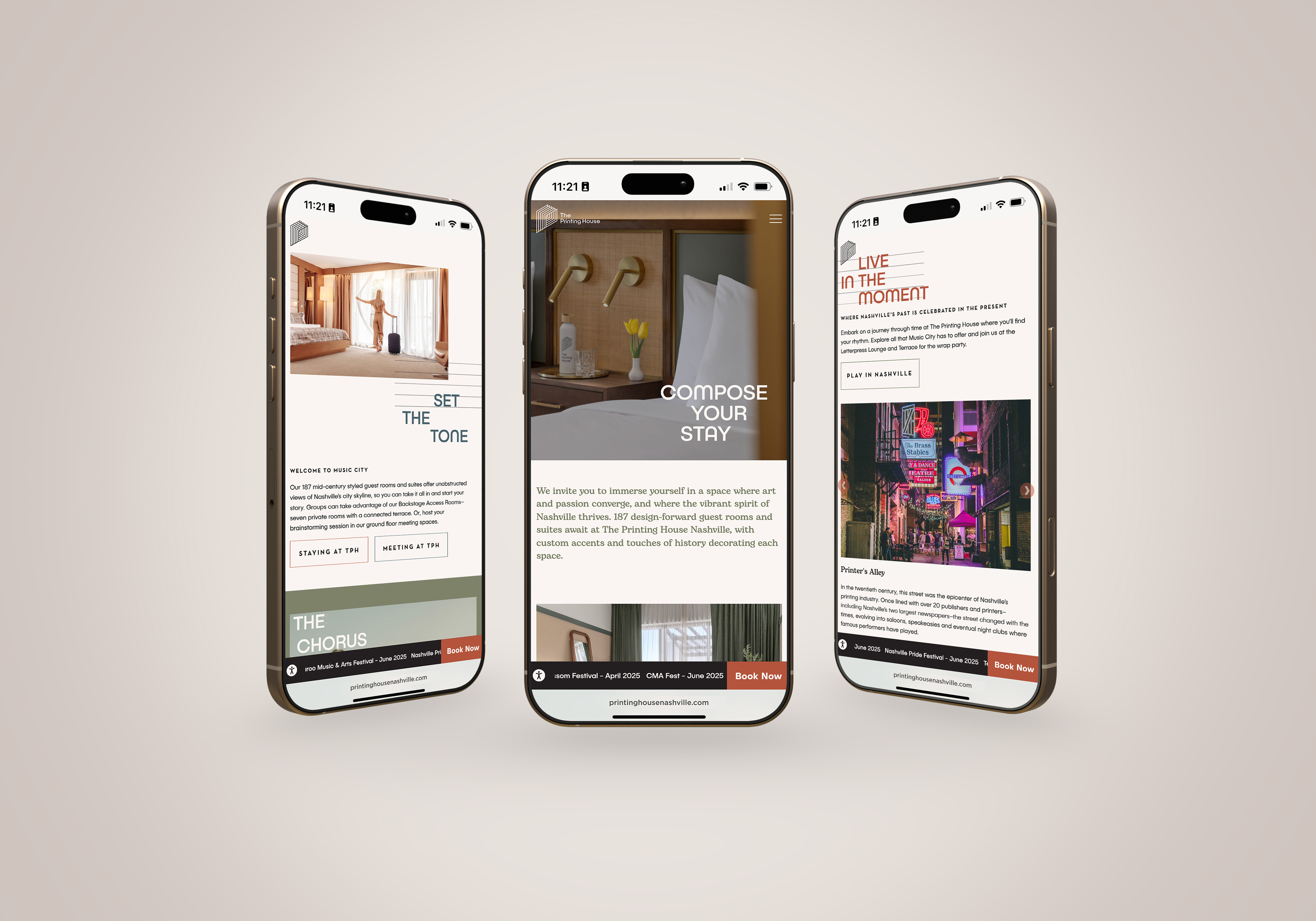 Three smartphones display different screens of a hotel website featuring room images, headlines, descriptions, and navigation menus on a light background.