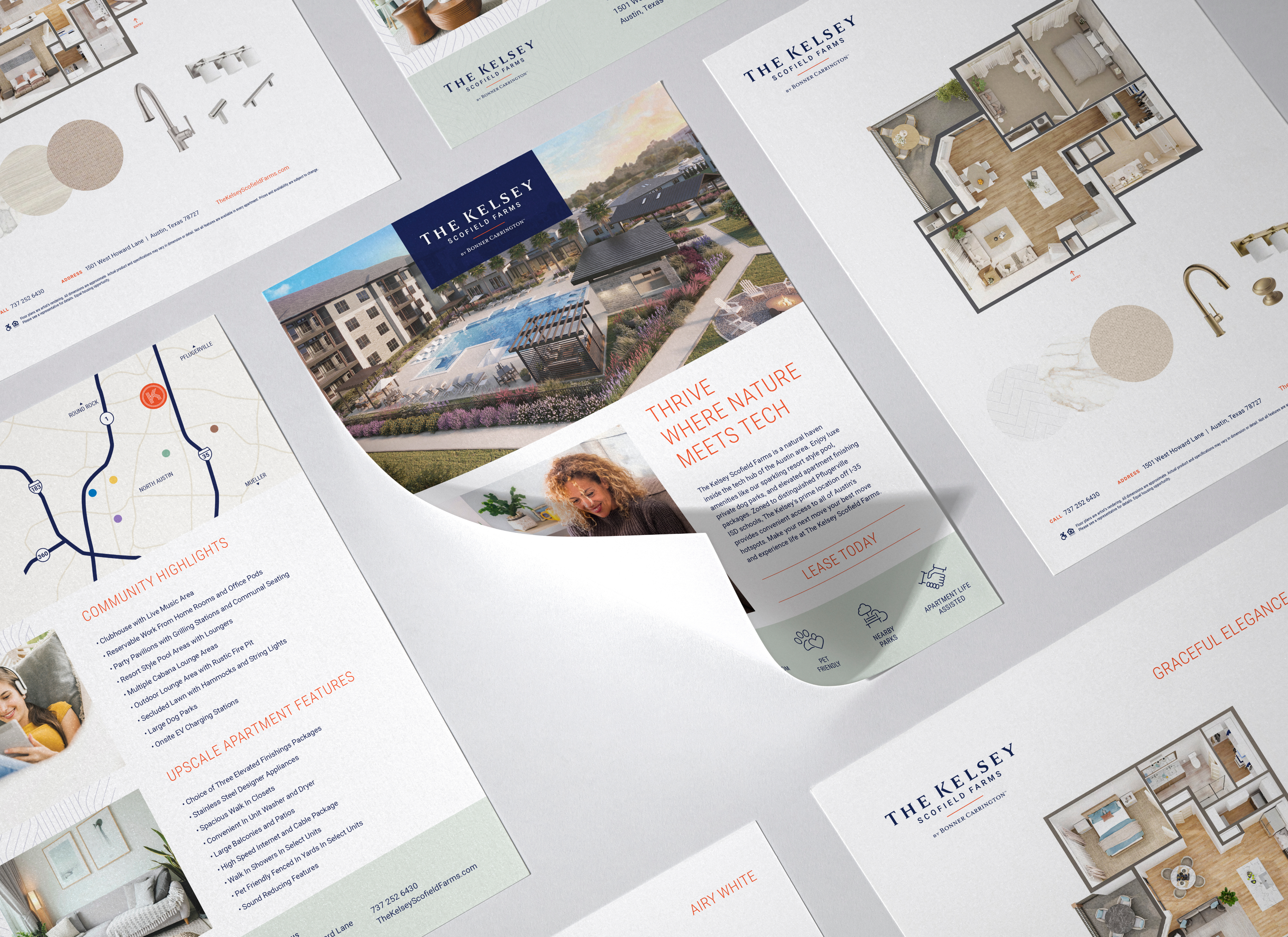A set of modern real estate marketing flyers for The Kelsey, featuring floor plans, amenities, a location map, and a central flyer with photos and leasing information.