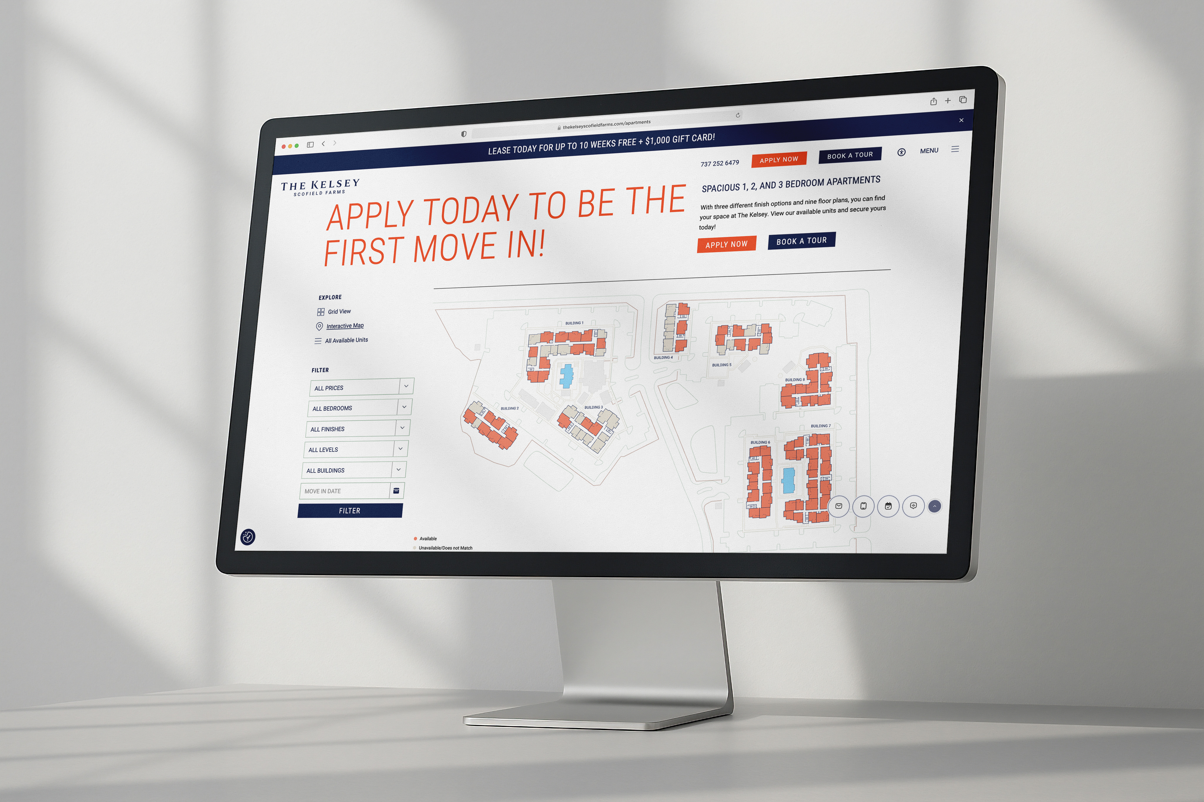 A computer monitor displays an apartment complex site map with a banner reading "APPLY TODAY TO BE THE FIRST MOVE IN!" and options to filter available units.
