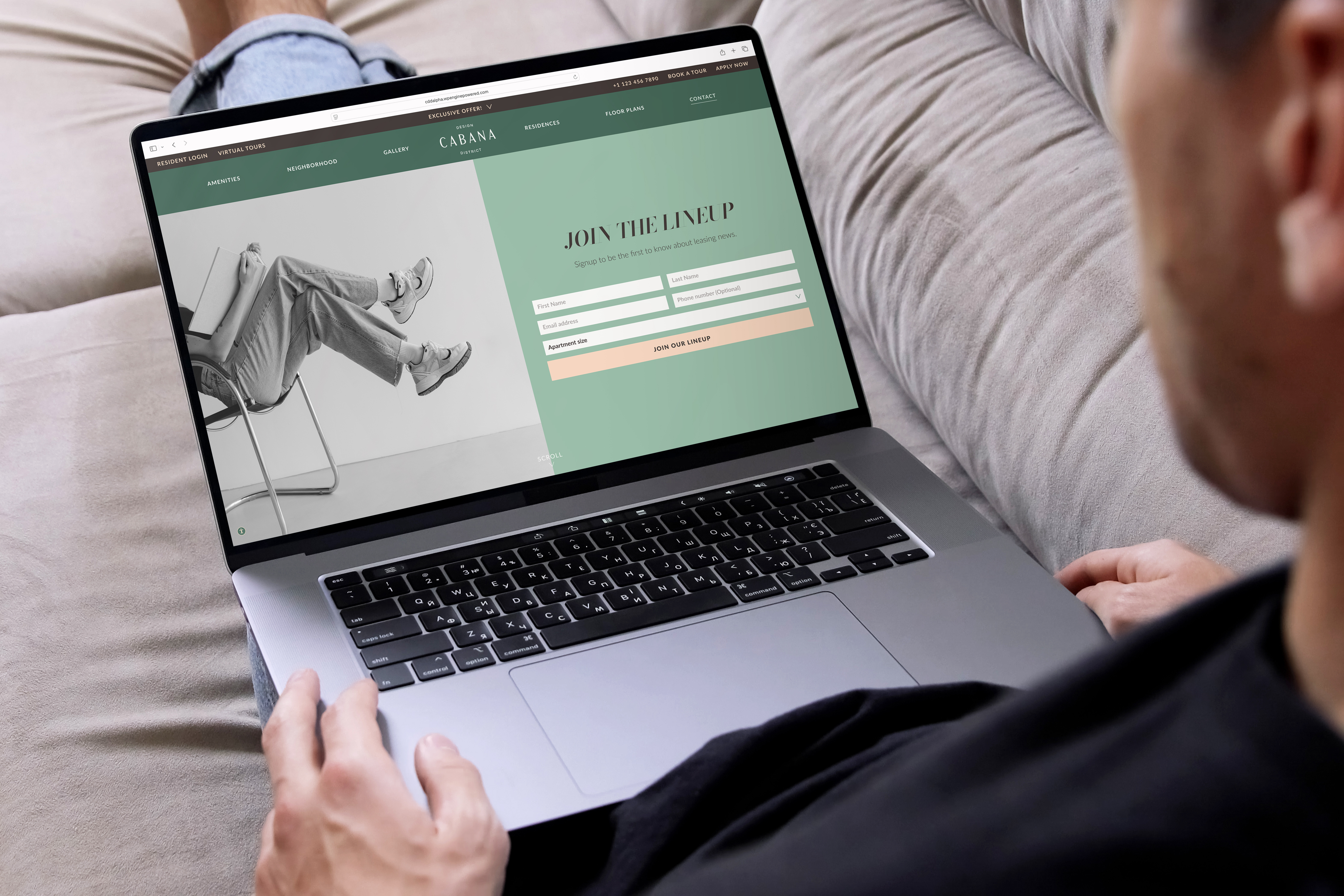 Person sitting on a couch using a laptop with a website form open, titled "Join the Lineup," featuring fields for name and email.