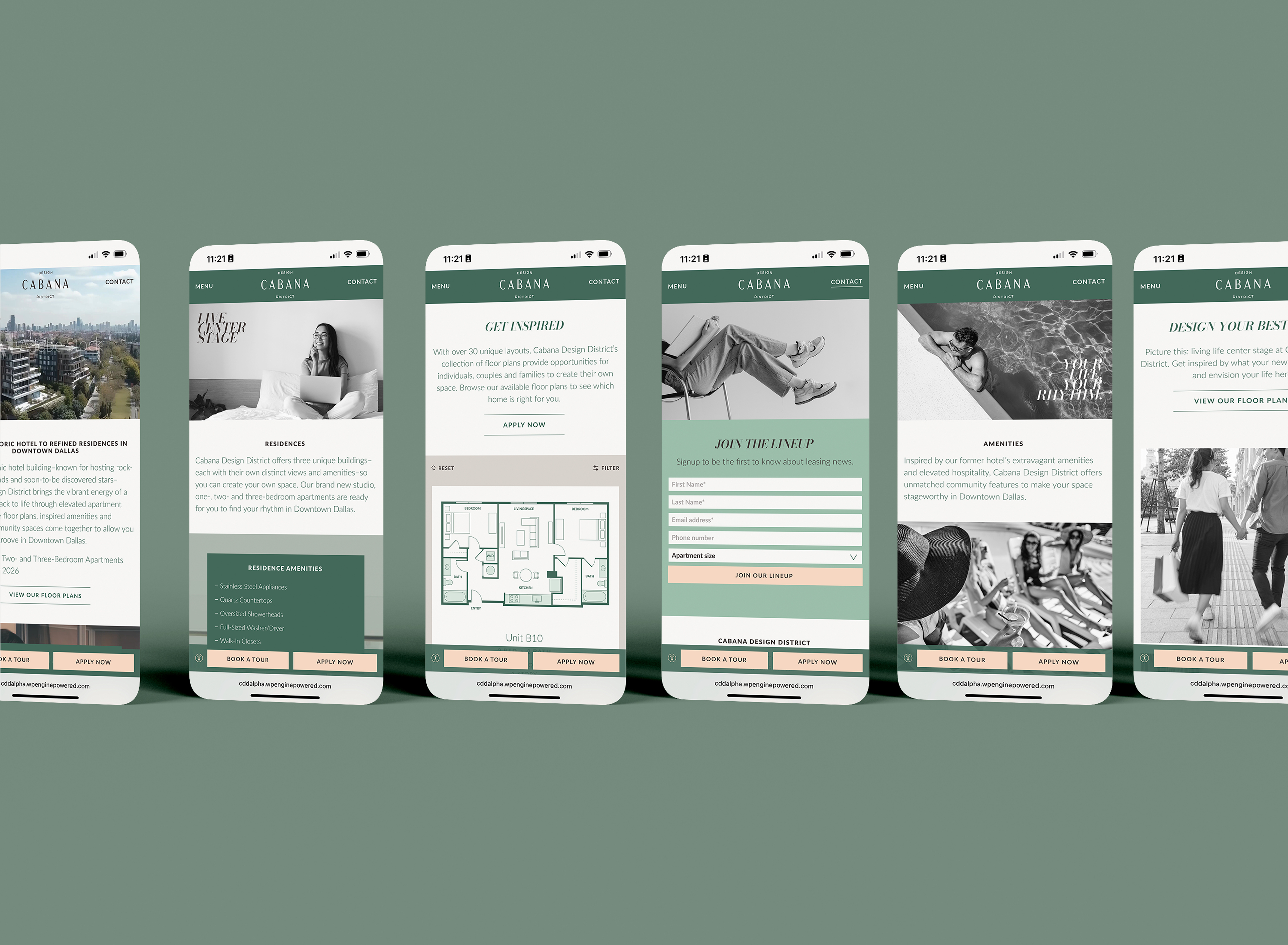 Five smartphone screens display various Cabana app interface pages including articles, floor plans, sign-up forms, and event information against a muted green background.